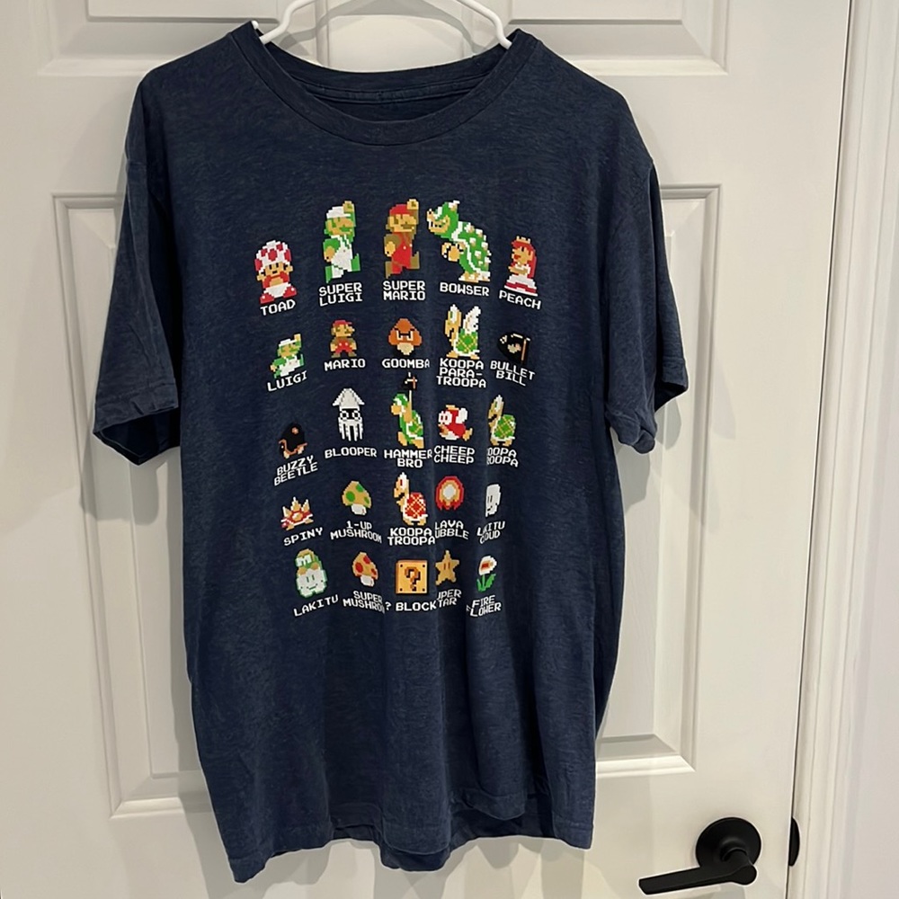 Vintage Super Mario Bros. Graphic T-Shirt Nintendo Large Blue EUC Unisex